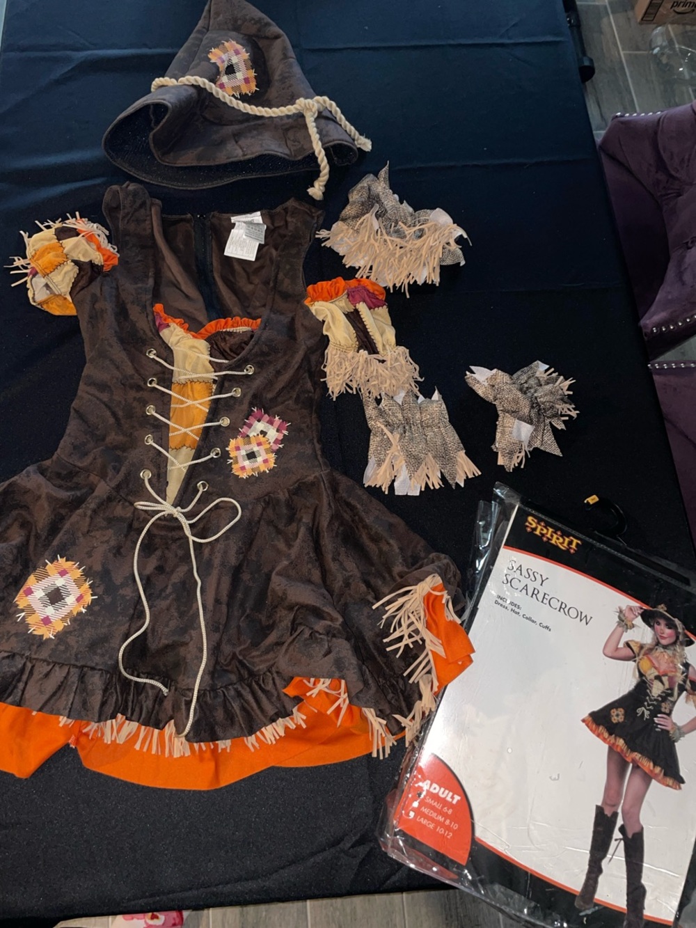 Spirit Sassy Scarecrow Costume Dress Brown Orange adult ladies size small 6-8